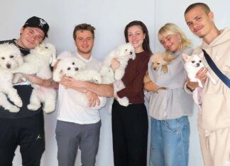 Brooklyn Beckham, Wife Nicola and Brother Romeo Pose with Dogs