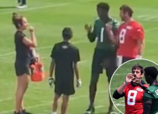 Aaron Rodgers, Sauce Gardner get water girl in blunt celebration