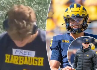Michigan QB J.J. McCarthy wears shirt in support Jim Harbaugh