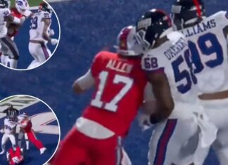 Josh Allen throws shoulder into defender during Giants-Bills brawl