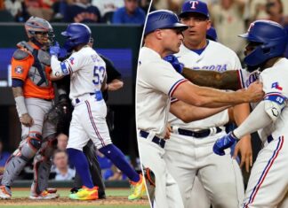 Rangers’ Adolis Garcia plunked as benches clear in wild ALCS Game 5 moment