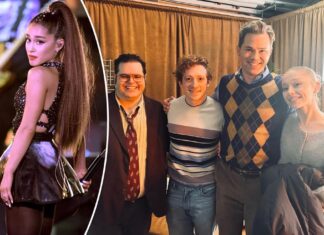 Ariana Grande and Ethan Slater spotted backstage with ‘Gutenberg!’ stars Josh Gad and Andrew Rannells