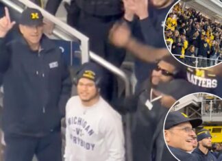 Jim Harbaugh, Michigan get huge cheers at Wolverines hockey game