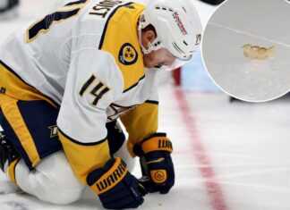 Nashville Predator Gustav Nyquist picks teeth off ice