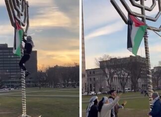Pro-Palestinian Yale Student Scales Menorah and Plants Palestinian Flag