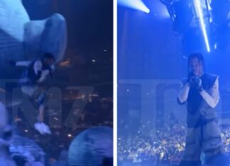 Travis Scott Hit by Head-Shaped Prop, Almost Falls Off the Stage