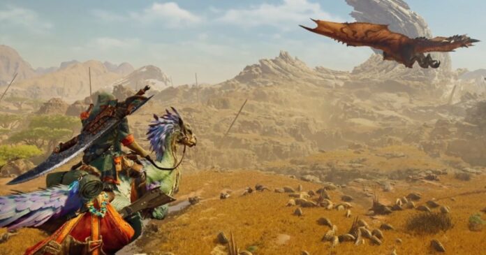 Player-riding-a-monster-and-looking-to-an-open-field-and-flying-dragon-in-Monster-Hunter-Wilds.jpg