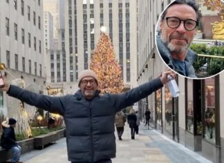 Hugh Jackman scolded by security for getting too close to Rockefeller Center Christmas Tree