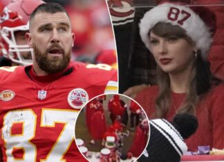 Travis Kelce slams helmet on Chiefs sideline as Taylor Swift looks on