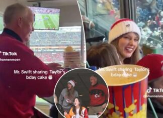 Taylor Swift’s dad shares her birthday cake with fans at Chiefs game