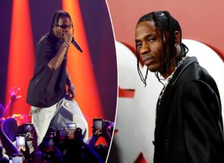 Travis Scott almost knocked off stage by giant floating head during NYC concert